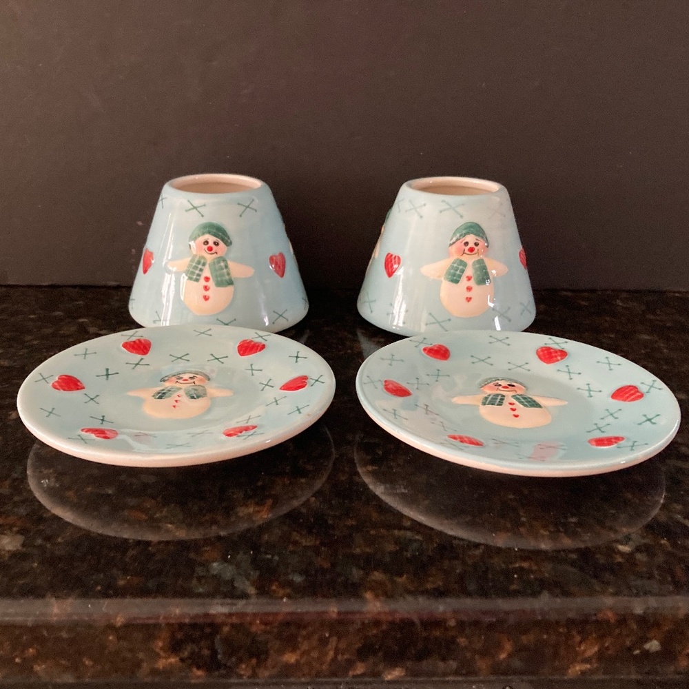 Valerie Parr Hill 2 Snowman & Red Hearts Plates & Shade Toppers/Holiday/NEW! - Picture 2 of 4